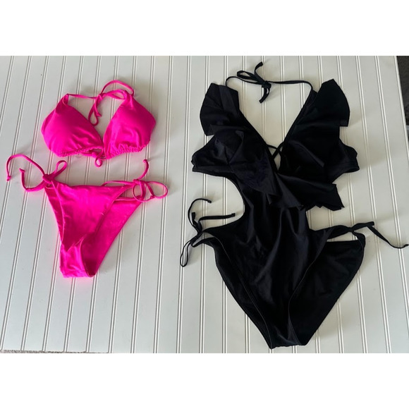 SHEIN Bundle of 2 Swimsuit Bikini One Piece Swim Beach Resort Size XL Black Pink - Picture 1 of 8
